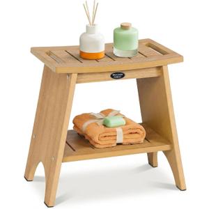 HDPS Shower Benches for Inside Shower, 17" Height Waterproof Bath Stool with 2-Tier Storage Shelf, Heavy Duty Spa Seat for Shaving Legs, Seniors & Adults, Wood-Like Texture (Teak Style) (16.5")