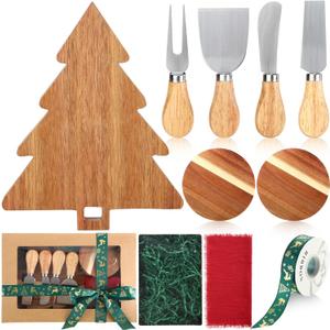 Reallnaive 11 Pcs Christmas Tree Board Gift Set Include Xmas Wood Cutting Board, Cheese Knives, Napkin, Coasters, Suitable for Holiday Party, Christmas Kitchen Accessories Gift for Family or Friends