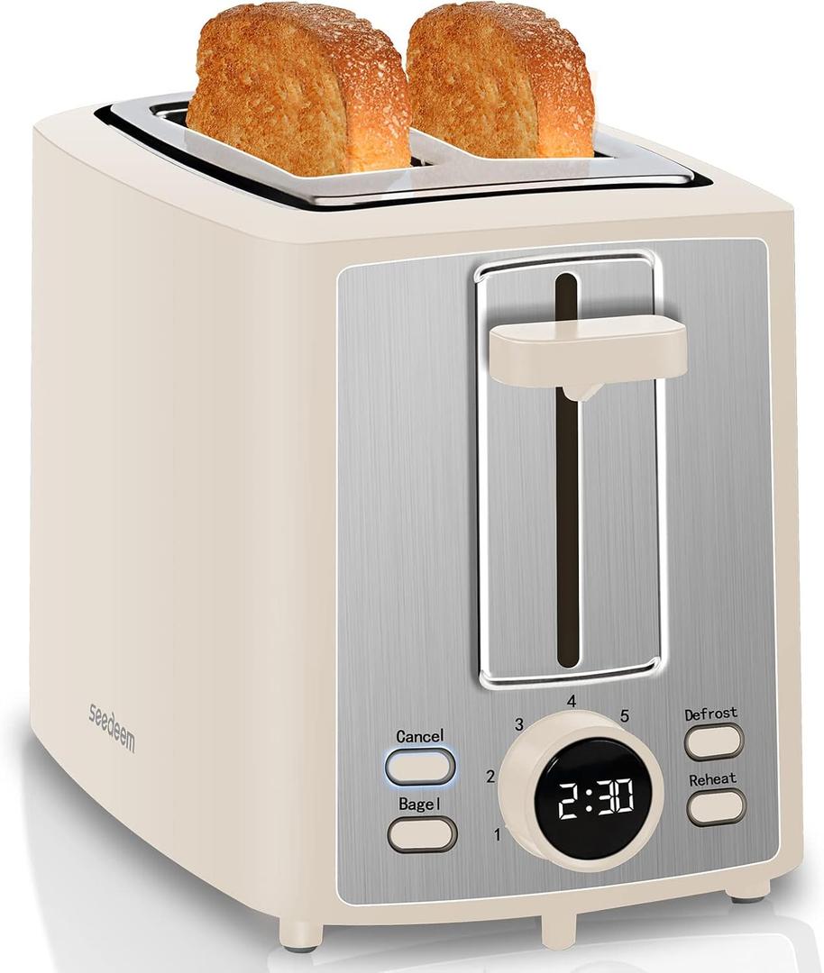 SEEDEEM Toaster 2 Slice, Bread Toaster with LCD Display, 7 Shade Settings, 1.'' Extra Wide Slots Toaster with Cancel, Bagel, Defrost, Reheat Functions, Removable Crumb Tray, 900W, Cream White (10.2*6.8*5.9 inch)