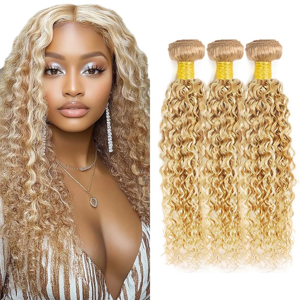 Honey Blonde Bundles Highlight Kinky Curly Bundle Human Hair 20 22 24 Inch 150g Brazilian Virgin Hair 3 Bundles 27/613 Curly Bundle Human Hair Extensions