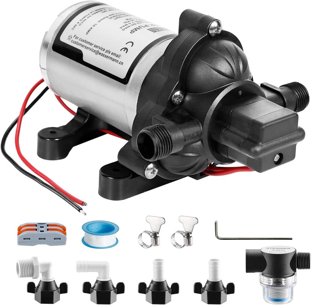 WASSERMANN RV Water Pump 12V DC 2088-554-144 Replacement, 3.5 GPM 45PSI, Quiet Water Pump for RV, Camper, Self-priming RV Water Pressure Pump, Food Truck Travel Trailer RV Water Pumps with Acessories