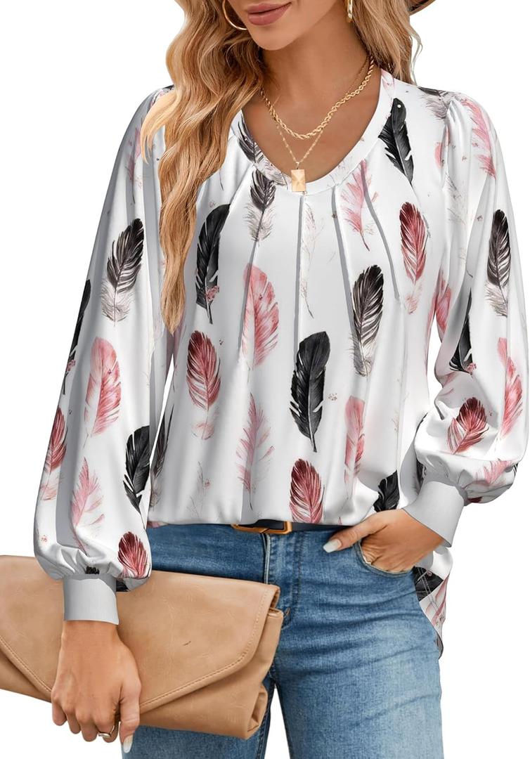 FLYCURVY Plus Size Blouses for Women Long Sleeve Shirts Pleated V Neck Loose Casual Dressy Comfy Tunics