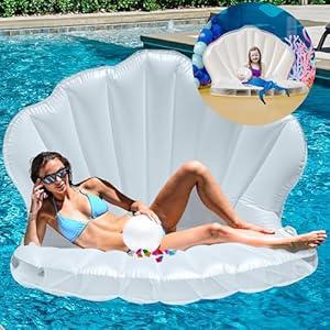 Jambo Inflatable Seashell Pool Float and 12 Diving Gems, Pool Floats, Mermaid Floaty for Adults Kids, Clam Shell Photo Prop for Party, Giant Shell Floaty, Funny Floats for Teen Girls, Float Floaty