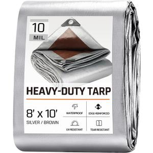 8 x 10 FT Waterproof Heavy Duty Tarp, 10 Mil Thick, Outdoor Furniture Covers, Plastic Insulated Tarpaulin for Camping Tent Roof Boat Patio Pool Cover, Large & Small Multi-Size Tarps, Silver/Brown