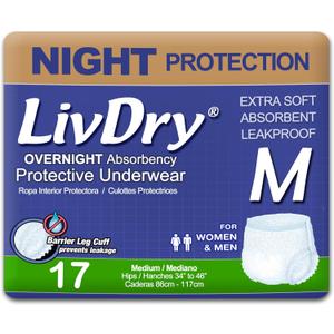 LivDry Adult M Incontinence Underwear, Overnight Comfort Absorbency, Leak Protection, Medium, 17-Pack