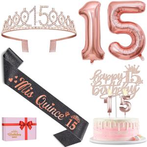 15th Birthday Decorations for Girls with Black Mis Quince 15 Sash and Crown, Cake Topper and Candles, Number Balloons Rose Gold, Quinceanera Decorations Gifts
