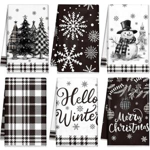 6 Pcs Christmas Kitchen Towels Absorbent Soft Microfiber Farmhouse Dish Towels Sets 16x24inch Winter Christmas Hand Dishcloths for Housewarming Gift(Black and White)