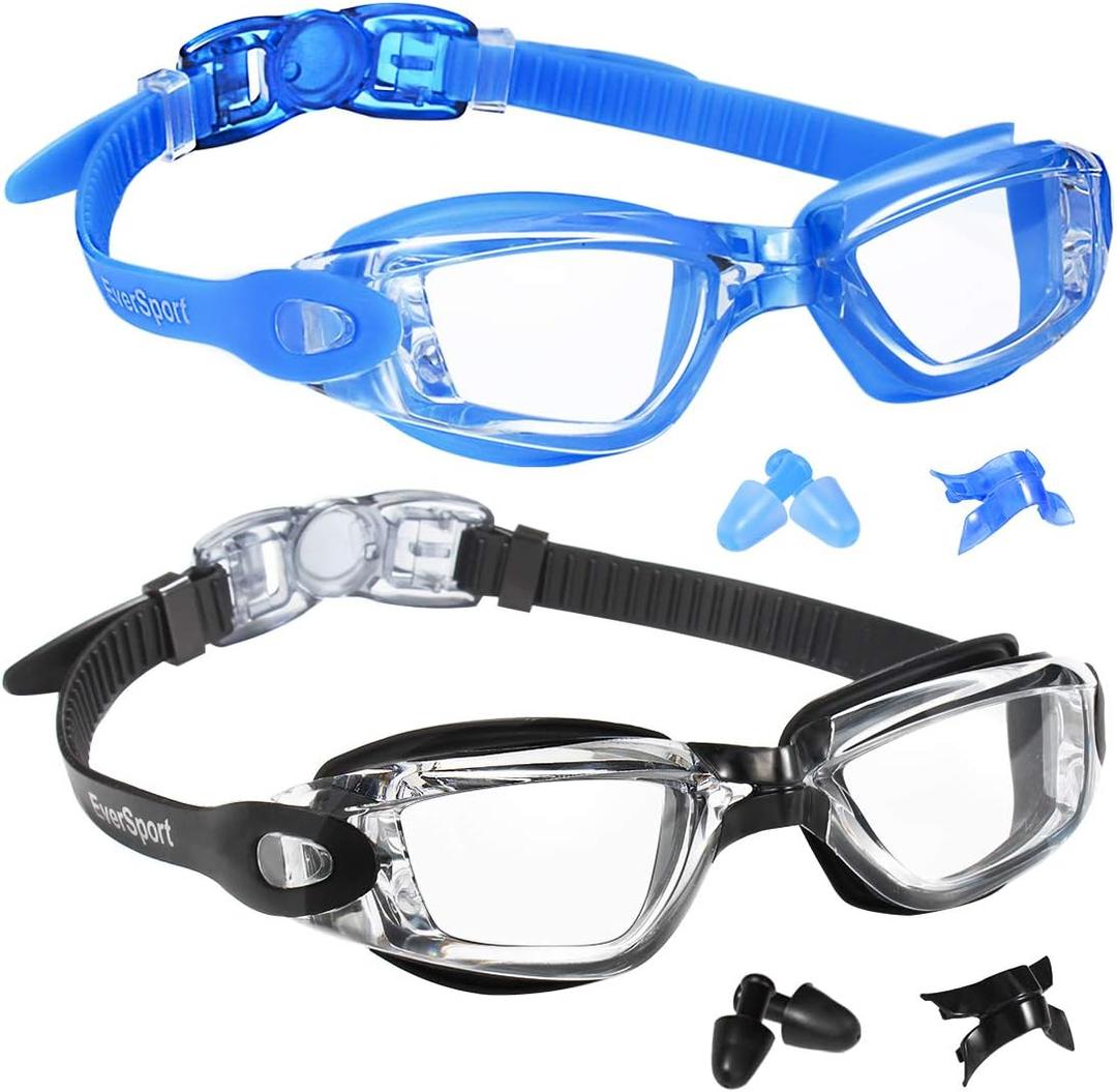 EverSport Swim Goggles Pack of 2 Swimming Goggles Anti Fog for Adult Men Women Youth Kids (Crystal Blue & Black)