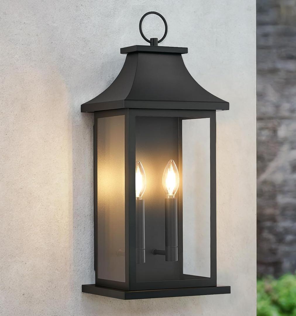 tewei 18'' Large Outdoor Wall Light, Porch Light Outdoor Wall Sconce Lantern, 2-Light Black Exterior Lighting Fixture Wall Mount, Outside Light for House Garage, 1-Pack