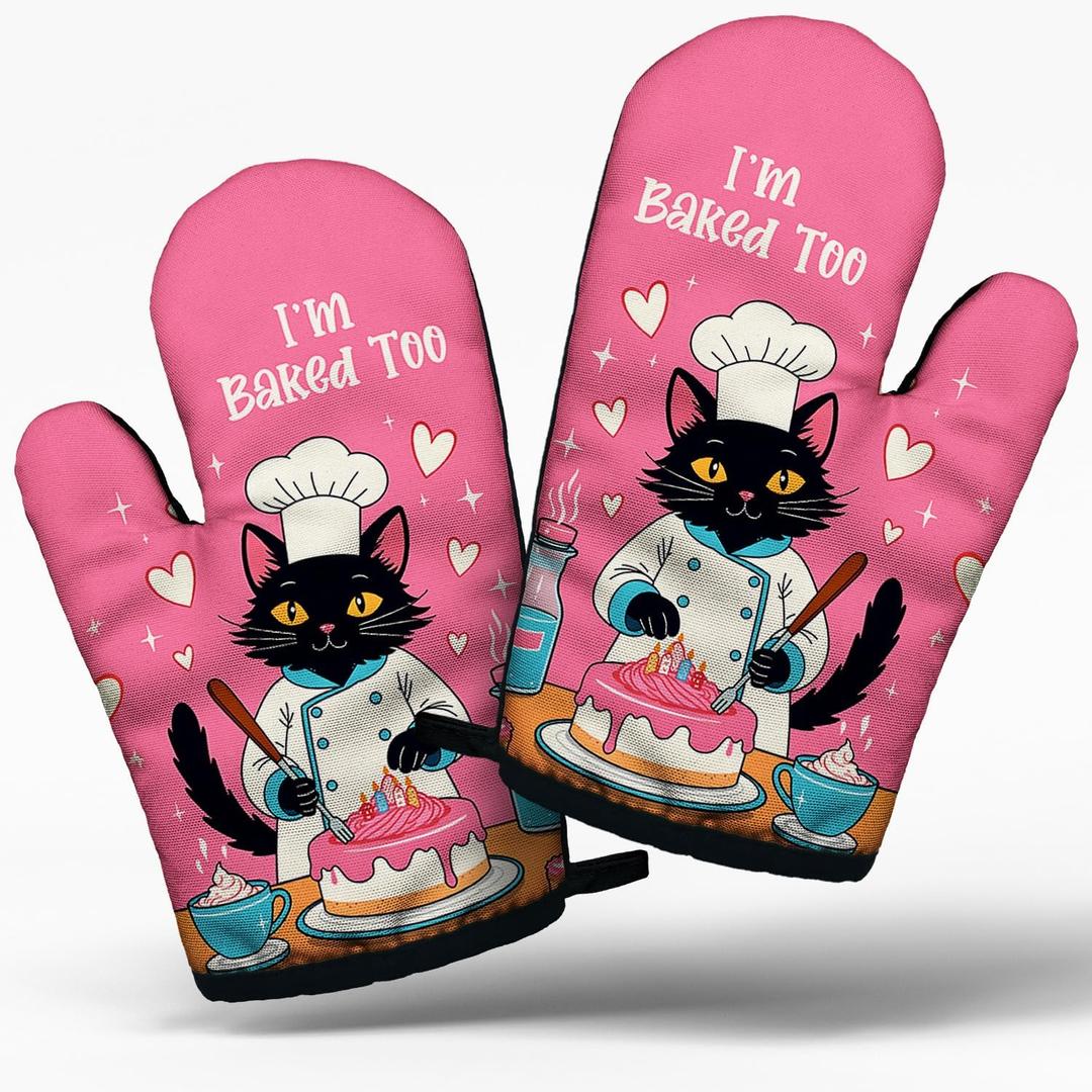Black Cat Cooking and Baking BBQ Kitchen Gadgets with Heat Resistant Silicone Non-Slip, I'm Baked Too Pink Oven Mitts Set of 2, Gifts for Mom Hostess Bake Lover Chef Wife Sister Colleague Bakers