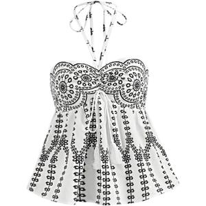 Women's Y2K Boho Floral Halter Top Tie Backless Ruched Ruffle Flowy Summer Vacation Halter Going Out Tops (Black and White) XS