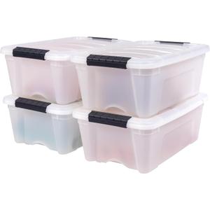 IRIS USA 13 Qt Stackable Plastic Storage Bins with Lids, 4 Pack - BPA-Free, Made in USA - Discreet Organizing Solution, Latches, Durable Nestable Containers, Secure Pull Handle - Pearl
