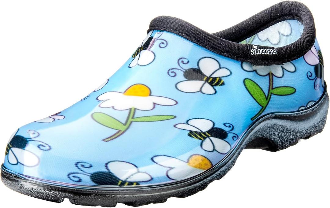 Sloggers Original Waterproof Rain and Garden Shoe for Women– Outdoor Slip-On Garden Clog with Premium Comfort Insole and Arch Support - Lt Blue Bee Print, Size 9 - Made in USA with US and Imported Parts