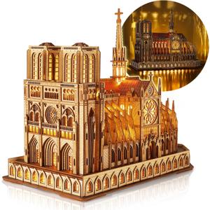 LED 3D Wood Puzzle - Notre Dame de Paris Architecture Model-Night Edition with LED Lighting- DIY Building Model Craft Kit, Architecture Building Set