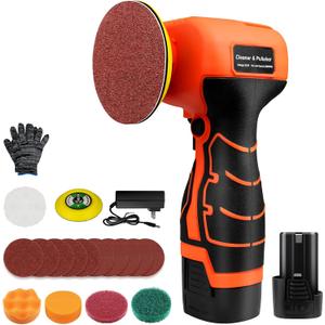 Cordless Sander, 3" Palm Sander with 16.8V 3.0Ah Li-ion Battery, 3500RPM Mini Polisher, 19 Accessories Sander Tool for Sanding/Polishing/Waxing/Cleaning (Orange-black)