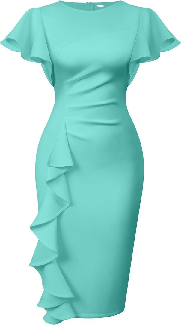 Memoriesea Women's Vintage Church Ruffle Sleeve Ruched Bodycon Work Midi Pencil Dress (X-Large, Lake Blue)