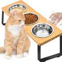 Raised Cat Food Water Bowl，Small Dog 15 ° Tilted Elevated Food Feeding Tray with Three Stainless Steel Bowls to Protect The Spine of Cats and Dogs from Vomiting (Wood Color) (3 Bowls)
