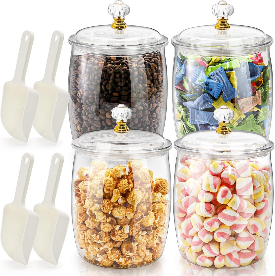 Pumtus 4 Pack Plastic Candy Jar with Lids & Scoops, 0.58 Gallon Clear Airtight Cookie Storage Canister, 75 OZ Large Laundry Detergent Holder, Food Container for Candy Buffet, Flour, Snack, Coffee