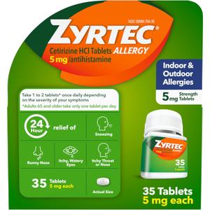 Zyrtec 24 Hour Allergy Relief Tablets, Indoor & Outdoor Allergy Medicine for Adults with 5 mg Cetirizine Hydrochloride, Relief of Runny Nose, Sneezing, Itchy Eyes, Plus Dust, Mold & Pet Dander, 35 ct, EXP 2027/07