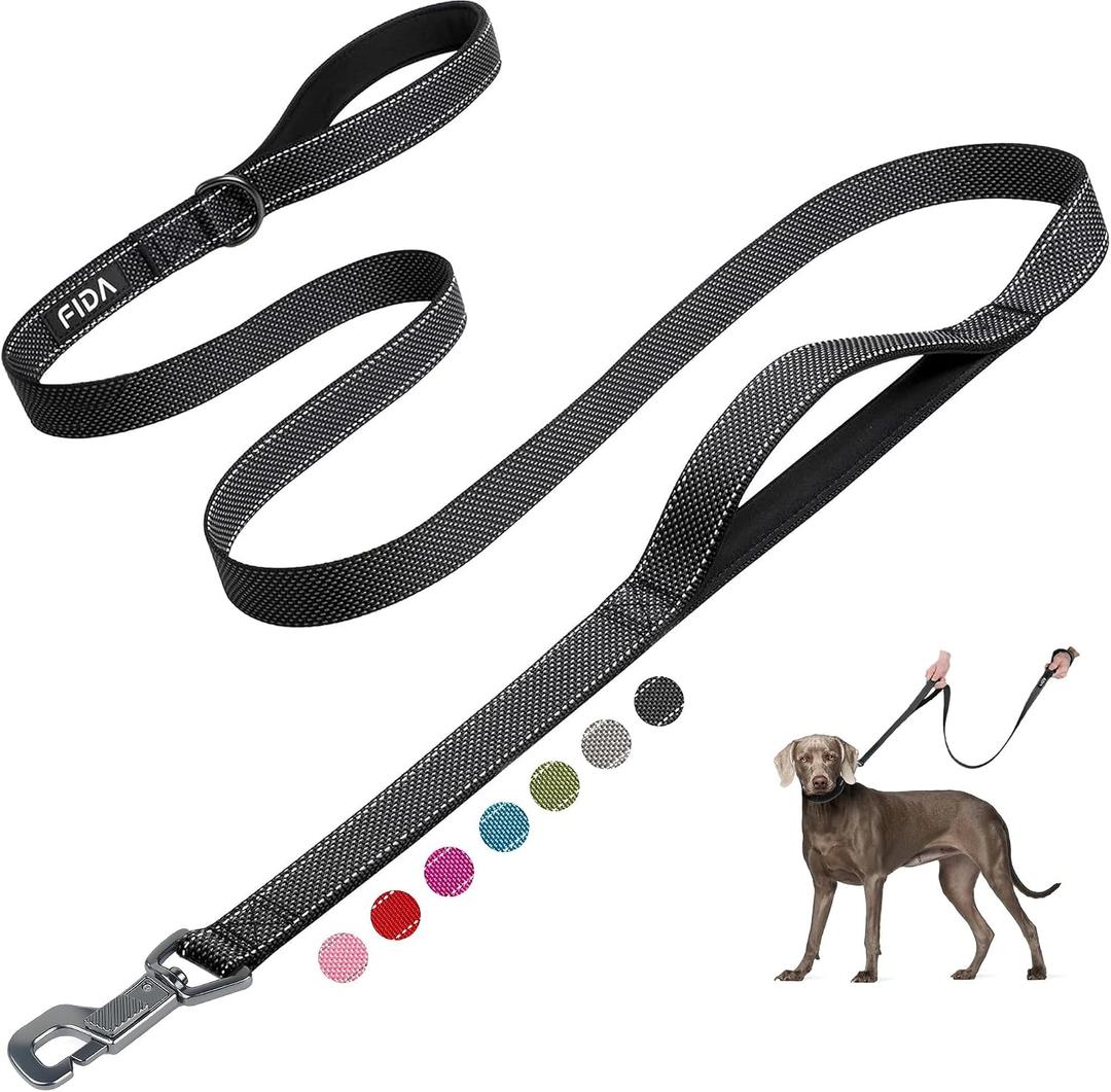 Fida 6 FT Heavy Duty Dog Leash with 2 Comfortable Padded Handles, Traffic Handle & Advanced Easy Snap Hook, Reflective Walking Lead for Large, Medium & Small Breed Dogs, Black