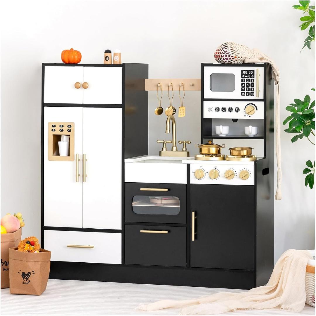 Wooden Play Kitchen Set for Kids – Interactive Pretend Toddler Kitchen Playset with 12 Kitchen Toy Accessories, Perfect for Ages 3+, 36.3" x 11.6" x 35.7"