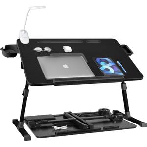 iXTRA Laptop Lap Desk with Cooling Fan - Adjustable Bed Desk with Light, Bed Table with Cup Holder&Phone Holder - Storage Drawer Desk - Folding Bed Desk,Black,70x45cm