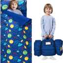 JOIEDOMI Toddler Nap Mat for Preschool 55''x30'' Sleeping Mat with Removable Pillow and Minky Blanket for Kids Ages 3-7 Roll Up Soft Kids Sleeping Bag for Boys Girls Kindergarten Daycare Sleepover (Deep Blue Universe)
