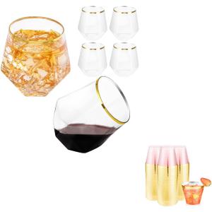 LUODA Gold Diamond Shaped Plastic Stemless Glasses Set of 24, Disposable 12 Oz Clear Plastic Whiskey Glasses for Birthday, Housewarming and Weddings