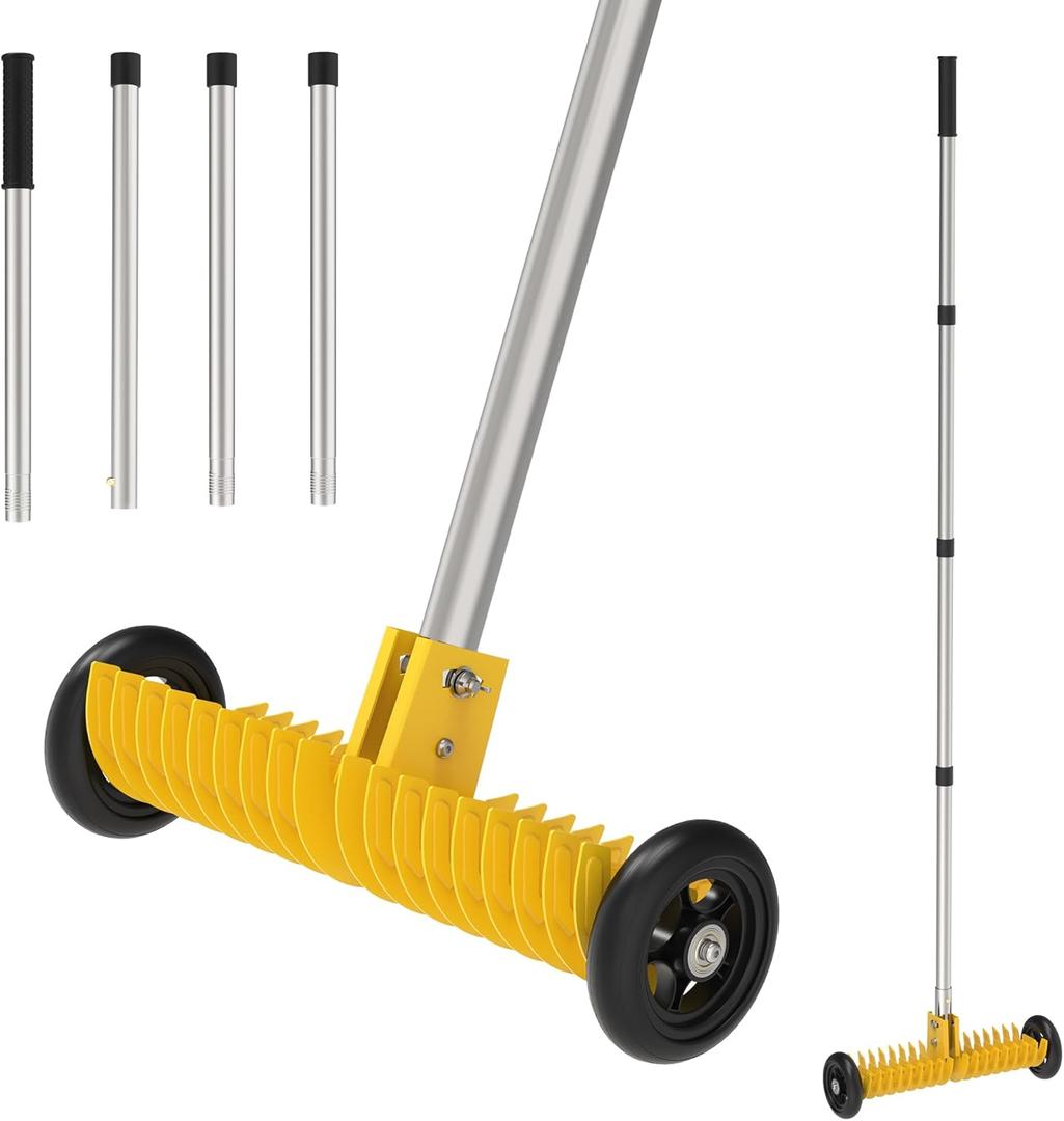 Lawn Thatch Rake, 15-Inch Steel Dethatching Tool, Adjustable 0-15 Angle and 38-68 Inch Length, Heavy-Duty Yard Rake for Dead Grass Removal and Lawn Care (Yellow)