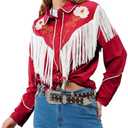 JOHN MOON Women's Floral Embroidered Fringe Western Shirts Rodeo Cowgirl Button Down Blouse Tops Country Style Outfits Size XXL