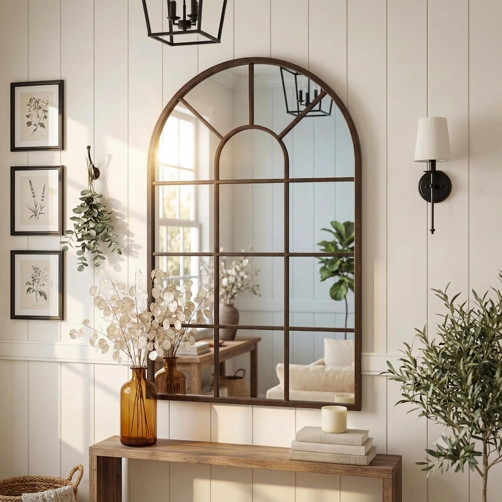 Brown Arched Window Mirror | Farmhouse Decorative Wall Mirrors for Living Room, Bedroom, Entryway, Bathroom Vanity, Fireplace Mantel | Window Pane Mirror Wall Decor | Arch Mirror Modern Accent Décor