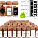 Churboro 48 Spice Jars with 547 Labels and Shaker Lids - Glass - 4 Oz Square Containers with Acacia Wood Lids, Chalk Pen, Funnel Seasoning Jars for Spice Rack, Cabinet, or Drawer