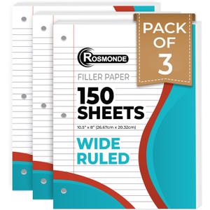 Rosmonde Loose Leaf Paper, 450 Sheets, 3 Pack, Wide Ruled Sheets, 8" x 10.5", Bulk Notebook Paper, 3 Hole Punched, 150 Sheets/Pack, Wide Ruled Paper for Binders, Loose Leaf Office Paper, White