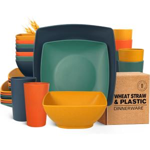 Teivio 32-piece Plastic Wheat Straw Square Dinnerware Set for 8, Unbreakable Dinner Plates, Salad Plates, Snack Bowls, Tumblers 20 oz, Dishwasher Safe, Autumn Multicolor