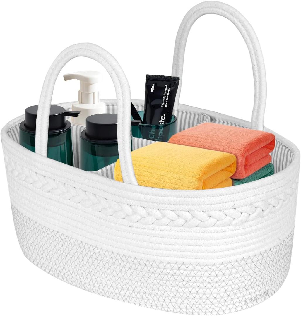 Cotton Rope Storage Basket, Empty Storage Baske for Gifts, Rope Room Shelf Storage Basket for Towels, Snacks, Bathroom Toiletries Storage, White & Stitching 15 “L x 9 ‘W x 7 ’H (38.1 x 22.9 x 17.8cm)