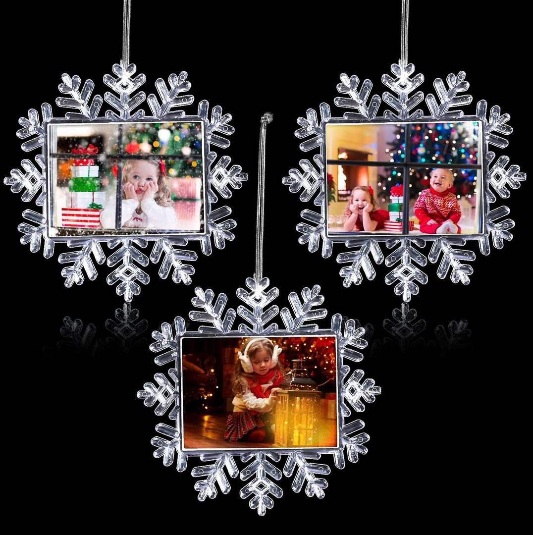 Yookeer 3 Pcs Christmas Snowflake Hanging Photo Frame Snowflake Ornaments Xmas Picture Ornaments Christmas Acrylic Photo Decorations Picture Frame for Xmas Tree (Classic)