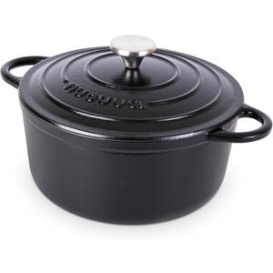 nuovva Cast Iron Pot with Lid – Non-Stick Ovenproof Enamelled Casserole Pot – Sturdy Dutch Oven Cookware – 4.7L, 24cm – (Black)