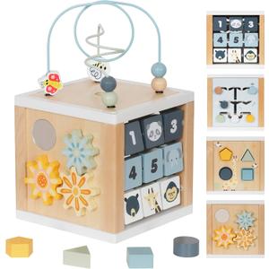 Wooden Activity Cube, 6-in-1 Montessori Toys for 1+ Year Old Boys & Girls, Educational Learning Toys for 1 2 3 Year Old Baby|Bead Maze|Shape Sorter|Mirror|Gear