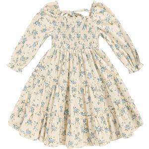 Toddler Girl Dress Long Sleeve Baby Floral Smocked Square Neck Playwear Dress | Spring Fall Casual Dresses (Blue, 1-2T)