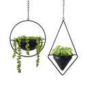 Metal Hanging Planters Set of 2 Modern Indoor Plant Hanger with Round and Diamond Pots, Geometric Small Wall and Ceiling Hanging Plant Holders for Succulents and Herbs, Black Finish