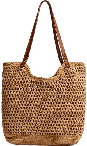 Multi-functional Straw Hobo Bag,Handwoven Summer Tote with Leather Handles for Vacation & Daily Use