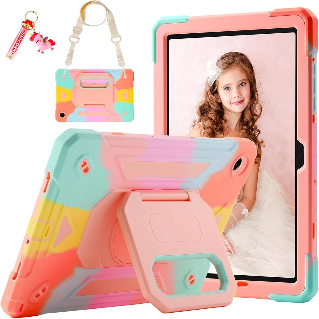 Kids Case for Galaxy Tab A11+ Plus/A9 Plus 11 inch with Rotating Grip Magic Stand,Keychain/Shoulder Strap,Upgraded Military Cover for Samsung Galaxy A11+/A9+ Case (Colourful)