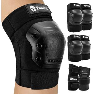 Tanden Skateboard Protective Gear Knee Pads and Elbow Pads Set, Elbow and Knee Pads for Roller Skating Wrist Guards Skateboarding Pads (Adult (14+ years), Black)