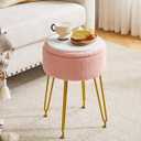 IBUYKE Teddy Velvet Storage Footrest Stool Ottoman, Makeup Vanity Stool Side Table with Removable Cover, Golden Steel Legs, Coffee Table Top Cover, Pink WBD010P