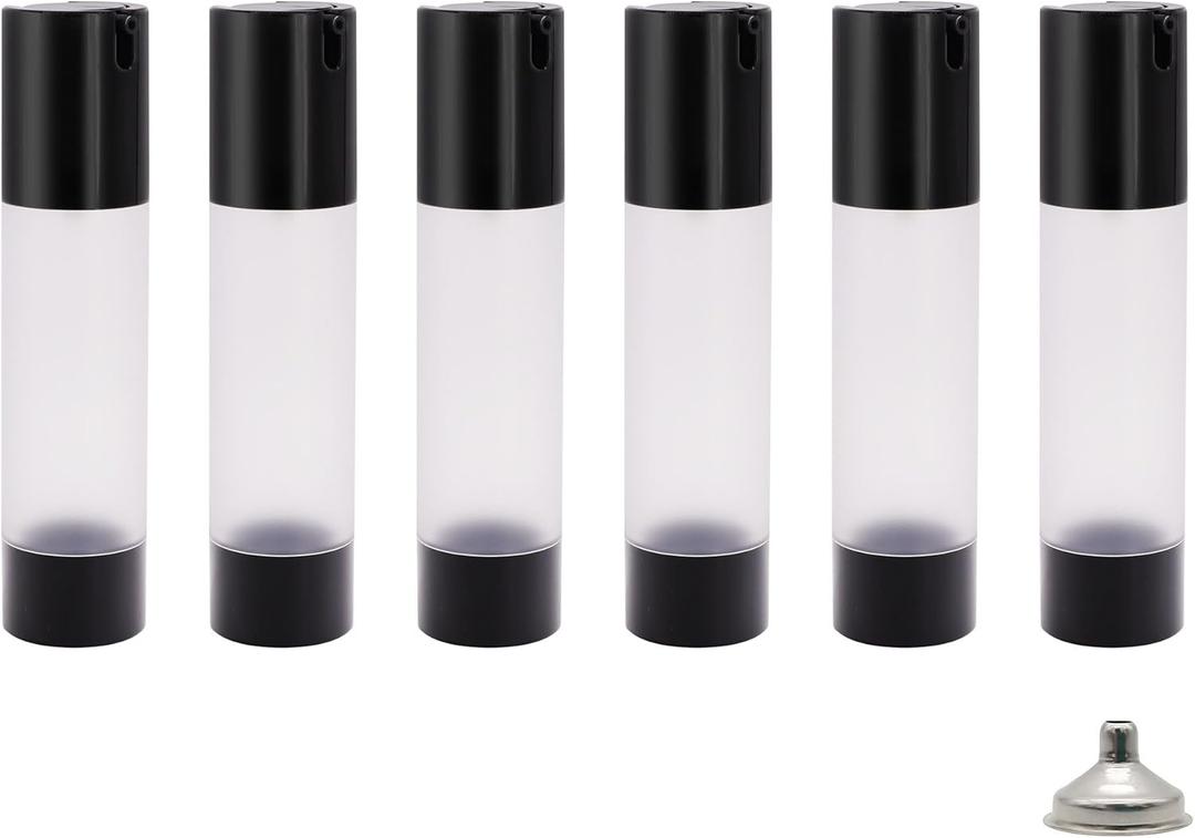 6Pcs 1.7oz 50ml Frosted Transparent Airless Pump Bottles with Funnel, Travel Size Vacuum Dispenser Refillable Cosmetic Containers For Foundations, Cream, Serums, Shampoo, Lotion(Black)