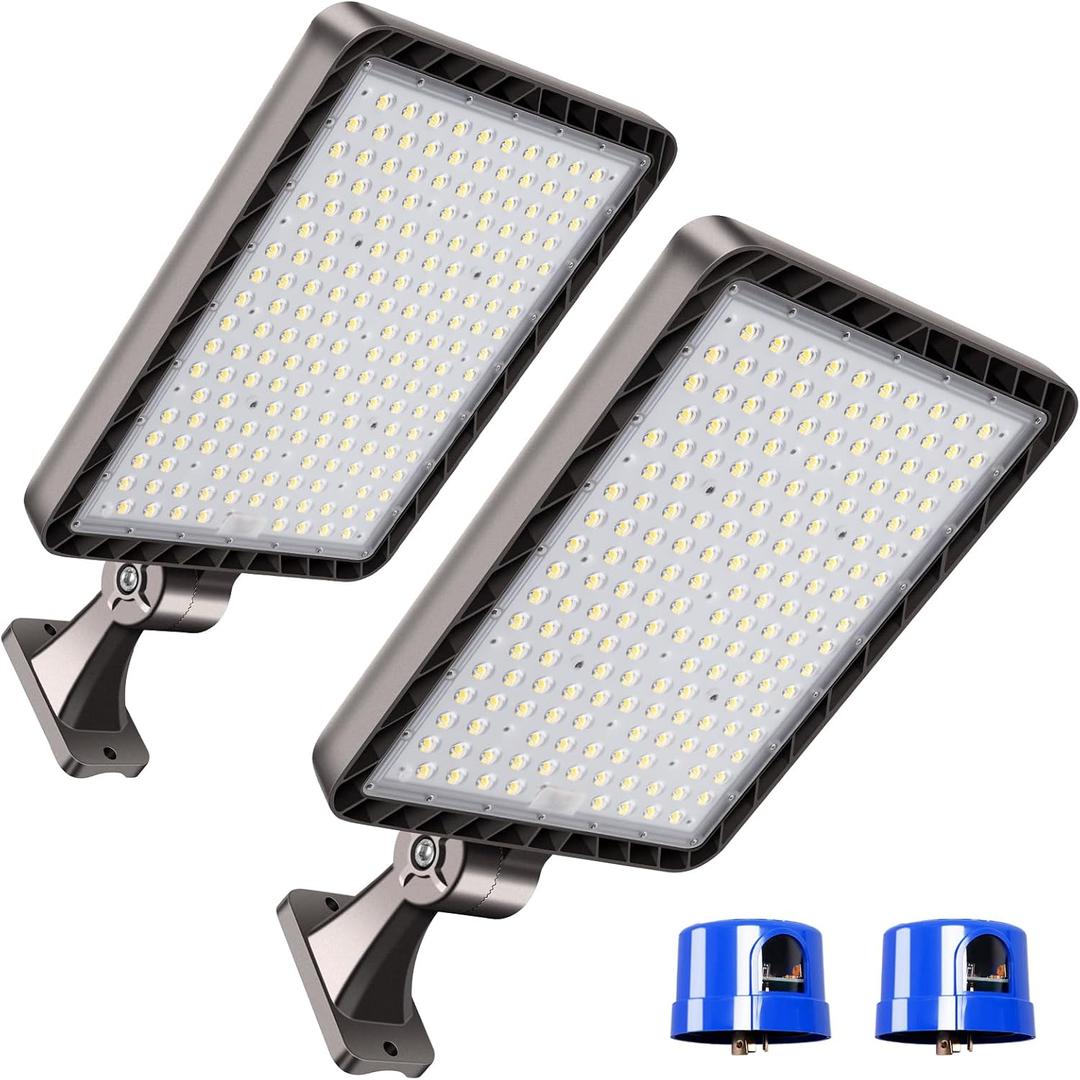 Ledmo LED Parking Lot Lights 350W LED Flood Lights Outdoor 52500LM 5000K Adjustable Trunnion Mount Dusk to Dawn Area Security Street Lighting Commercial Wall Mount Warehouse Shop Garage IP65 2 Pack, 300W/Slip Fit/1PC