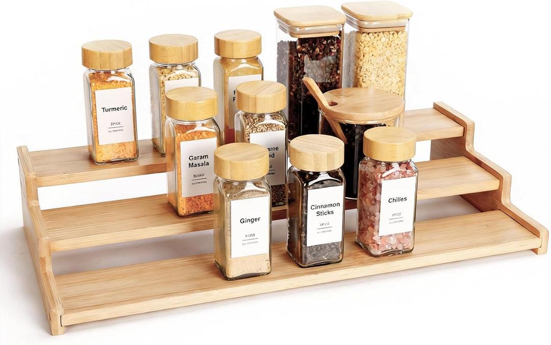 Spice Rack Organizer for Cabinet, 18in Bamboo Tiered Spice RackUsed for Kitchen Countertops and Food Storage Room OrganizerSpecially Designed for Jars and Spice Bottles(Bamboo, L)