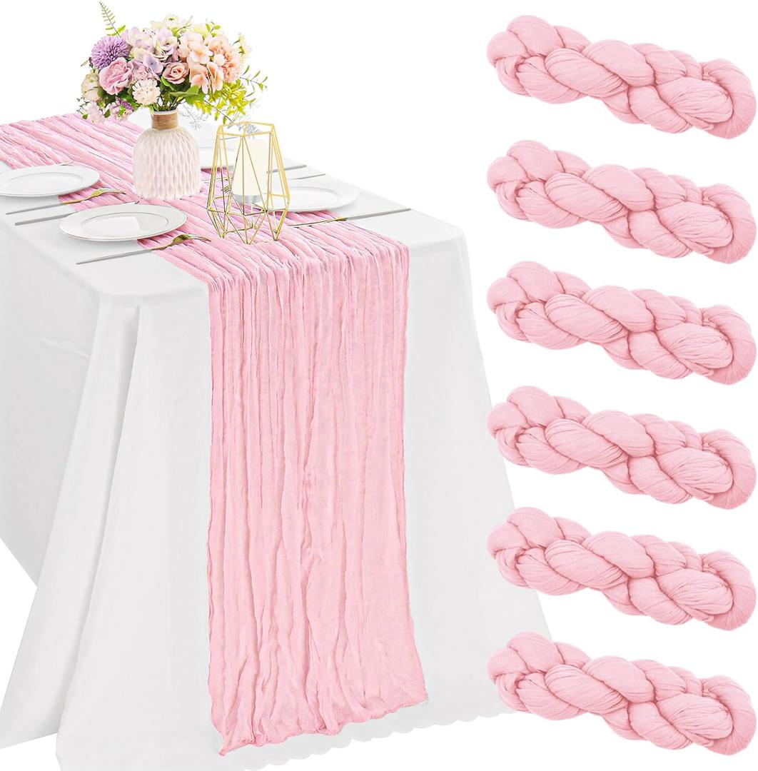 6 Pieces Pink Valentine's Day 10FT Cheesecloth Table Runner Boho Gauze Fabric Table Runner Rustic Sheer Runner for Wedding Birthday Baby Shower Party Boho Table DecorationPink (35" x 120"-6 Pack)