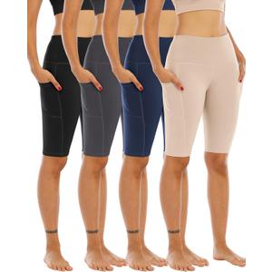 WHOUARE 4 Pack Biker Yoga Shorts with Pockets for Women, High Waisted Athletic Running Workout Gym Shorts Tummy Control, Black, Navy, Dark Gray, Nude, XXL