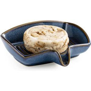 Ceramic Soap Dish, Bar Soap Holder with Drain Spout Self Draining Soap Saver for Shower Bathroom Kitchen Sink Bathtub, Keep Drying, Blue (Rectangular)